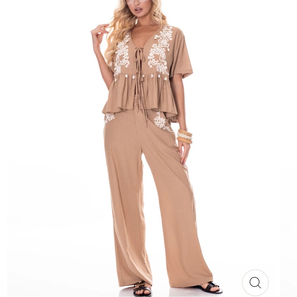 Wide Leg Pants with Embroidered Accents - Taupe / Tan & Ivory, Sz M